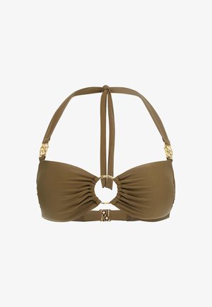 Bikini haut bandeau couleur khaki avec texture froncée, accents en métal doré, et un découpage ovale au centre. Se noue autour du cou et dans le dos.