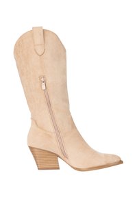 Bota de ante beige de estilo occidental hasta la mitad de la pantorrilla con cremallera lateral, punta afilada y tacón de bloque de madera apilada.