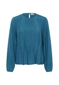 Teal blouse met geplooid ontwerp, lange mouwen, ronde halslijn en een sleutelgatopening aan de achterkant, gemaakt van soepele, lichte stof.