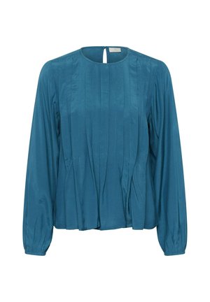 Türaublaue Bluse mit gefaltetem Design, langen Ärmeln, rundem Ausschnitt und einem Schlüssellochverschluss auf der Rückseite, aus glattem, leichtem Stoff.