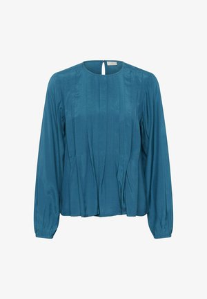 Blusa verde azulado con diseño plisado, mangas largas, escote redondo y abertura en la parte posterior, hecha de una tela suave y ligera.