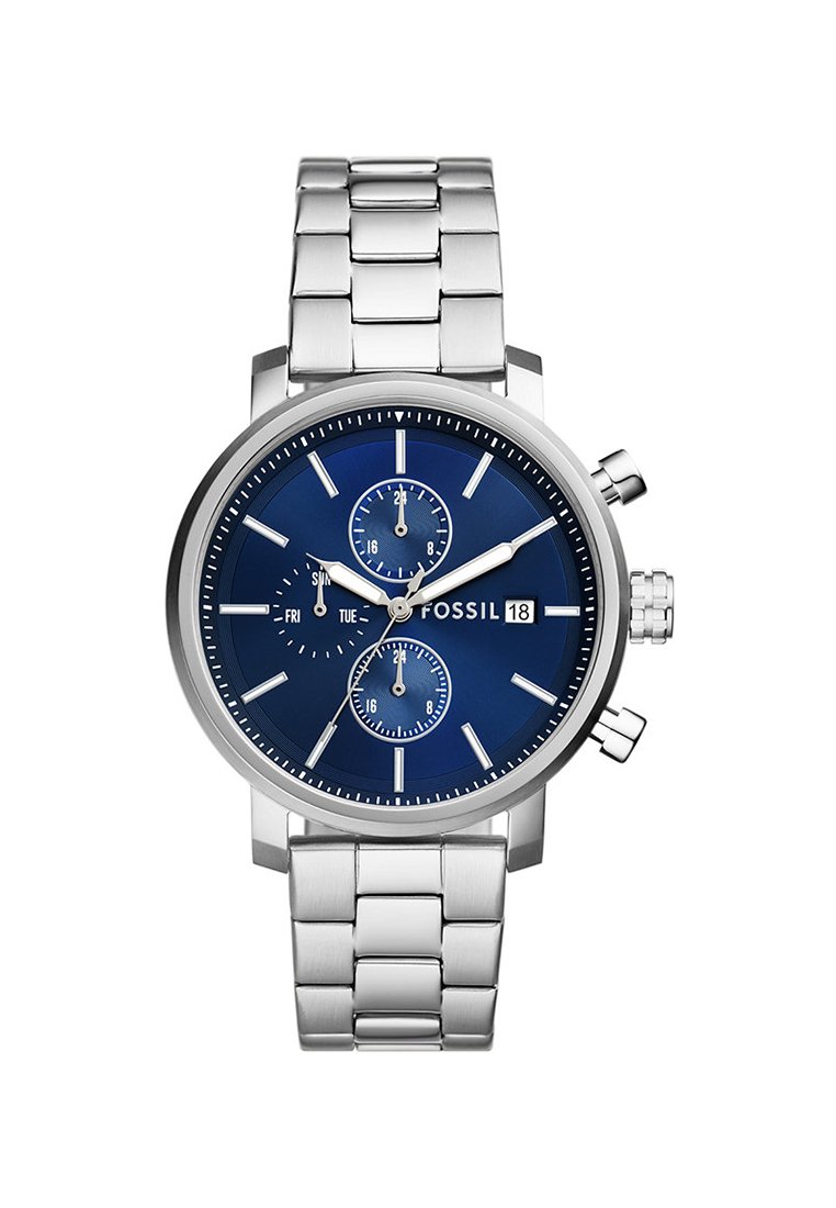 Chronographuhr mit einem Edelstahlarmband, blauem Zifferblatt, silbernen Akzenten, drei Hilfszifferblättern und Datumsanzeige auf 6 Uhr.