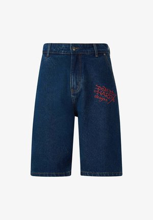 Dark blue denim shorts with a classic design, featuring orange-red embroidered logo "DON ED HARDY designs" on the front left.
