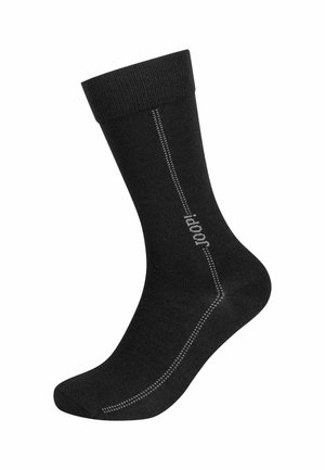 Schwarze Socke aus weichem, gestricktem Material. Verfügt über einen gerippten Saum, eine verstärkte Ferse und ein hellgraues Logo an der Seite mit einem Stichmuster.