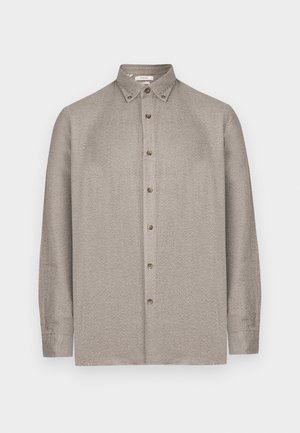 Beige button-up shirt with a textured pattern, long sleeves, and a pointed collar with buttons on the collar tips.