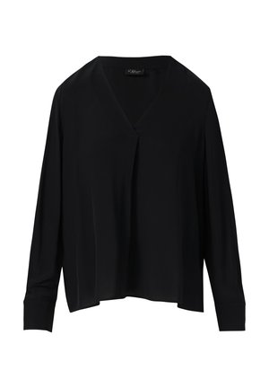 Blouse noire à manches longues avec un décolleté en V. Fabriquée en tissu doux, elle présente une coupe décontractée, des plis sur le devant et des poignets structurés.