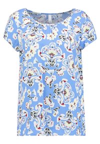 Blusenshirt mit blauem Blumenmuster, kurzen Ärmeln, rundem Halsausschnitt und lockerer Passform. Der Stoff ist glatt und zeigt farbenfrohe, filigrane Muster.