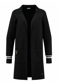 Cardigan lungo nero in tessuto knitted, con colletto, tasche frontali e polsini a strisce con logo ricamato giallo.