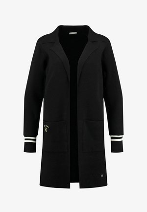 Schwarzer langes Strickcardigan aus gestricktem Stoff, mit Kragen, vorderen Taschen und gestreiften Bündchen mit einem gelben gestickten Logo.