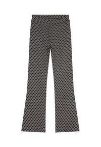 Zwarte flared broeken met een geometrisch patroon in crème. Voorzien van een elastische tailleband en een soepele stofstructuur.