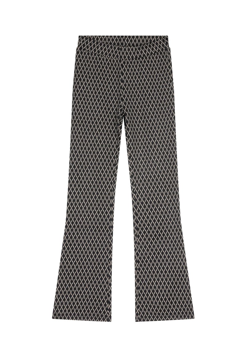 Zwarte flared broeken met een geometrisch patroon in crème. Voorzien van een elastische tailleband en een soepele stofstructuur.