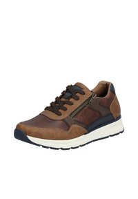 Bruine leren sneaker met textuurelementen, zwarte veters en een zijritsdetailing. Rubberen zool voor grip, voorzien van een gevoerde inlegzool.