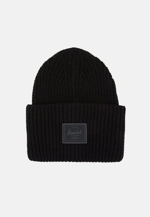 Sort ribstrikket hue med opbukket kant og rektangulært mærkelogo med teksten "Herschel" på fronten i midten.