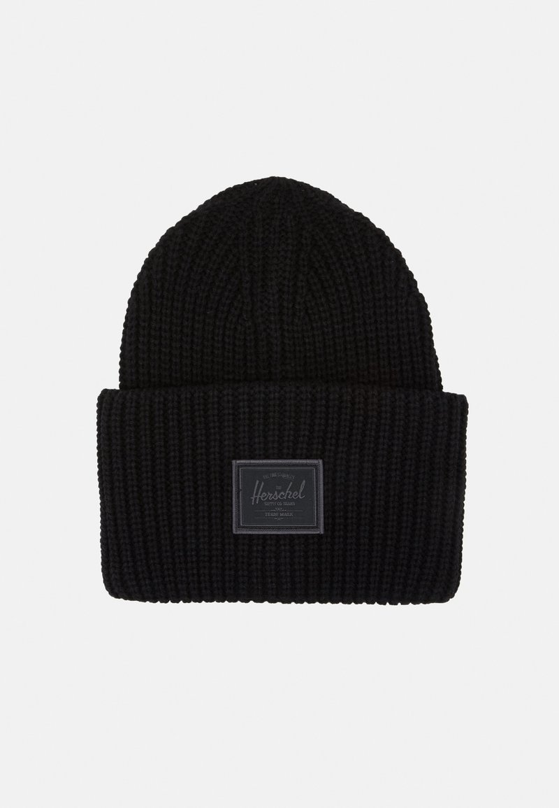 Bonnet en maille côtelée noire avec revers plié et patch rectangulaire avec le logo « Herschel » au centre avant.
