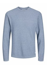 Helleblaues langärmeliges Rundhals-Sweatshirt mit feiner Strukturstrickware und einem kleinen weißen Markenetikett nahe dem unteren Saum.