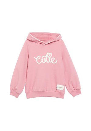 Pinkes Kinder-Hoodie mit langen Ärmeln, einer Kapuze, gerippten Bündchen und Saum, weißer "cute" Text mit einem Herz auf der Brust und einem kleinen Etikett nahe dem Saum.
