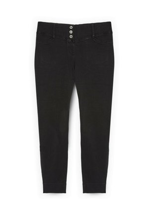 Zwarte jeans met een getailleerd ontwerp, voorzien van drie metalen knopen, voorzakken en gestikte details langs de naden.