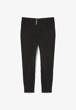 Zwarte jeans met een getailleerd ontwerp, voorzien van drie metalen knopen, voorzakken en gestikte details langs de naden.