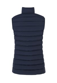 Gilet senza maniche trapuntato blu navy, colletto alto, cuciture orizzontali, texture del tessuto liscia, progettato per stratificare e facilitare il movimento.