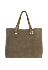 Taupe kabelka z semiše s dvěma horními uchy, stříbrným kováním, obdélníkovým tvarem a minimálním prošíváním pro hladký vzhled.