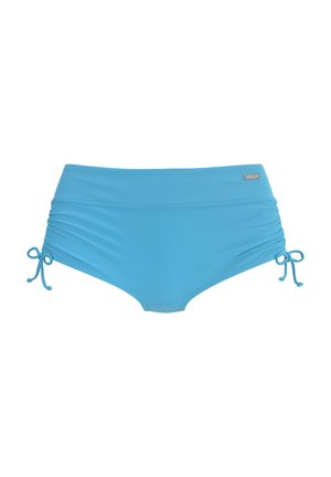 Hellblaue Bikinihose mit hoher Taille, seitlich gerafft und mit verstellbaren Bindebändern, gefertigt aus glattem, elastischem Badestoff.