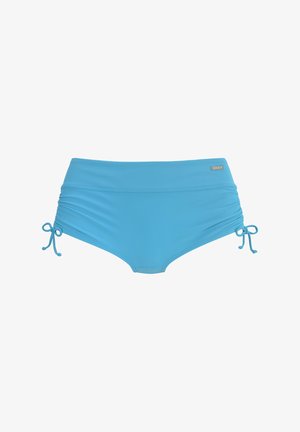 Hellblaue Bikinihose mit hoher Taille, seitlich gerafft und mit verstellbaren Bindebändern, gefertigt aus glattem, elastischem Badestoff.