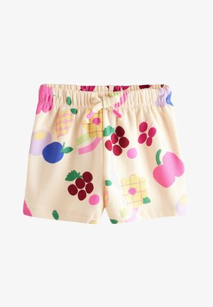 Kinder-Cremeshorts mit elastischem Bund und Schleife, verziert mit bunten Obst- und Blumenmustern.