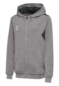 Grå lynlås hoodie lavet af tekstureret stof med sorte detaljer. Har en hætte, to sidelommer og logo på brystet.