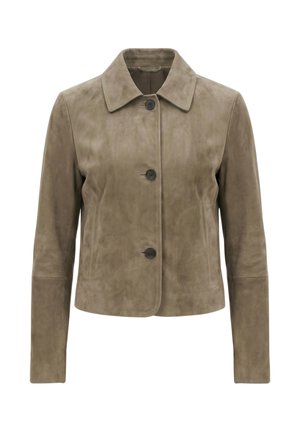 Taupe semi-anorak med tre sorte knapper og klassisk krave, med lange ærmer og sidelommer.