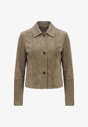 Taupe semi-anorak med tre sorte knapper og klassisk krave, med lange ærmer og sidelommer.