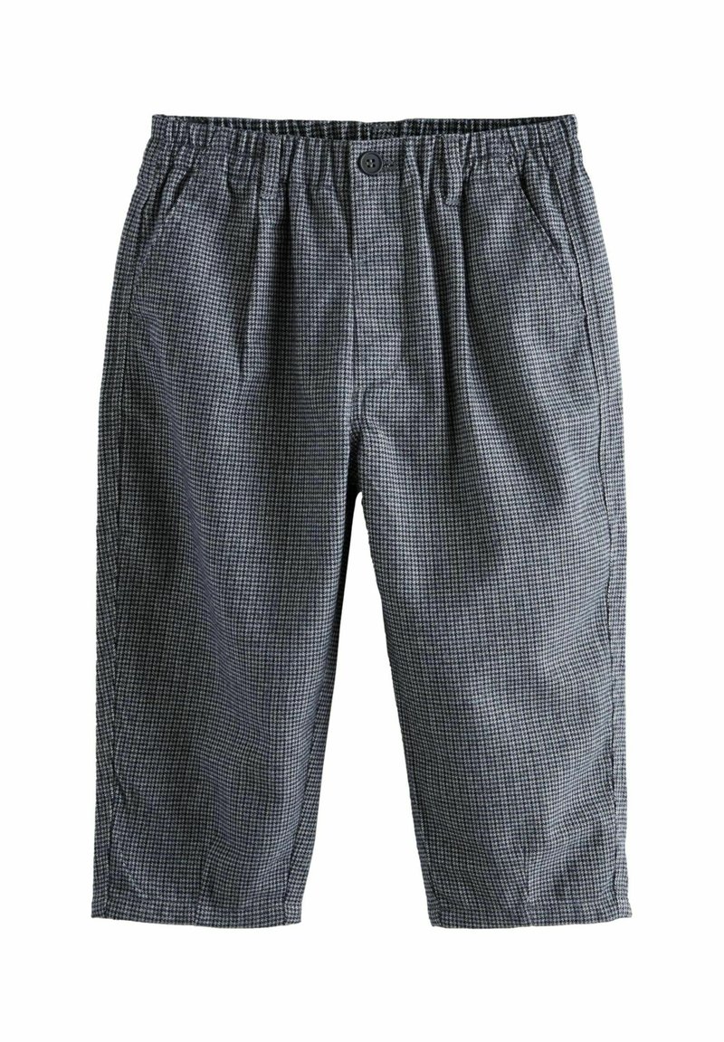 Pantalon à carreaux gris et noir avec taille élastique, doté d'une fermeture à bouton et de deux poches latérales. Le matériau est lisse et léger.