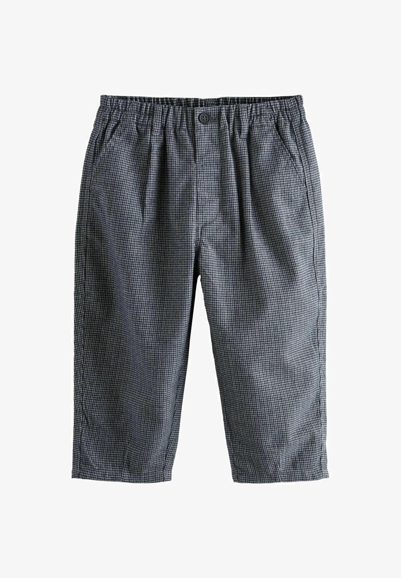 Šedé a čierne kárované nohavice s elastickým pásom, s zapínaním na gombík a dvoma bočnými vreckami. Materiál je hladký a ľahký.