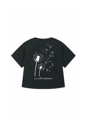 T-shirt nera con maniche corte, con stampa di un dente di leone bianco e il testo "we will be ephemere" sulla parte posteriore. Materiale in cotone.