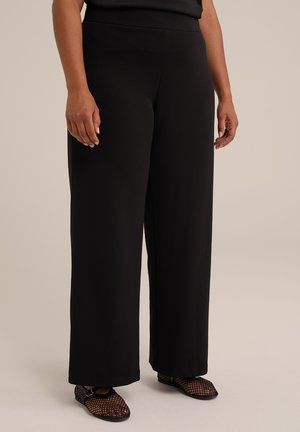 Black wide-leg trousers made of soft fabric with a smooth texture, featuring a high waistband and slightly flared silhouette.