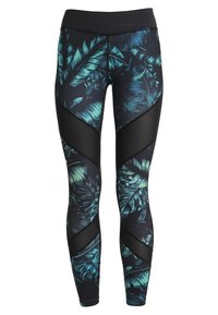 Černé legíny s živým tyrkysovým potiskem listů, vybavené síťovanými panely pro průchodnost vzduchu a širokým elastickým pasem pro pohodlí.