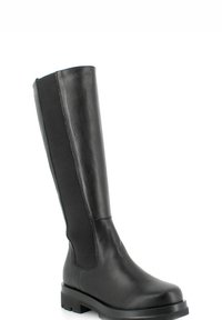Stivali neri al ginocchio in pelle con una finitura liscia, dotati di pannelli laterali elasticizzati e suola in gomma chunky per una maggiore stabilità.