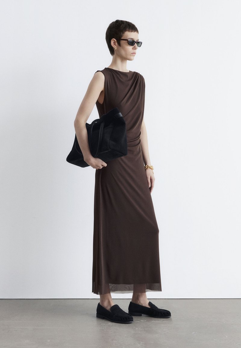 brown slinky maxi dress Graciela Brown Tie Neck Mesh Maxi Dress - US 12