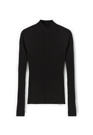 Maglione nero a maniche lunghe con collo alto, design aderente e motivi testurizzati lungo le maniche e il corpo.
