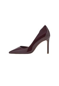 Burgundy patent leather high heel pump, pointed toe design, sleek silhouette, and  stiletto heel. Smooth texture with glossy finish.