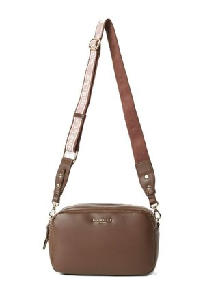 Borsa a tracolla in pelle marrone con logo dorato "GAELLE PARIS" e tracolla in tessuto regolabile con scritta ripetuta "GAELLE".