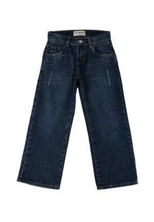 Jeans in denim a gamba larga di colore blu scuro con lavaggio sbiadito, design a cinque tasche, cuciture in vista e vita a media altezza.