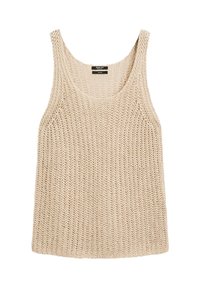 Beige strikket tanktop med løs, luftig struktur, bred halsudskæring og tykke stropper. Letvægts, afslappet design, der egner sig til lag-på-lag påklædning.