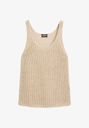 Beżowy dzianinowy top na ramiączkach o luźnej, przewiewnej strukturze, szerokim dekolcie i grubych ramiączkach. Lekki, casualowy fason odpowiedni do nakładania warstw.