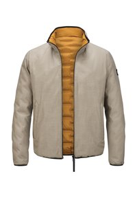 Beige Jacke mit einem gesteppten senfgelben Innenfutter, hohem Kragen, Reißverschluss vorne und zwei seitlichen Taschen. Die äußere Textur ist glatt und hat ein dezentes Muster.