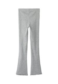 Grå elastiske leggings med vidde forneden, lavet af blødt stof. Har en glat tekstur og et enkelt, ubrudt design.