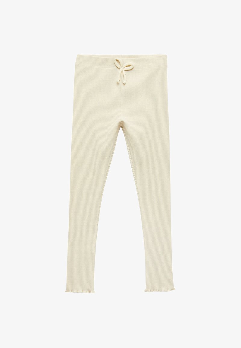 Leggings color crema con una texture a coste, dotati di una vita con cordoncino e bordi svasati alle caviglie. Tessuto morbido e elastico.