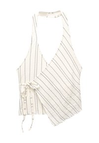 Kremna tank top s sivimi vertikalnimi črtami, halter design, teksturirana tkanina, podrobnost vezanja spredaj in asimetrična roba.