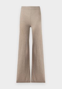 Beige wijde broek van zacht breiwerk, met een geribde tailleband en een gladde textuur met minimale stikdetails.