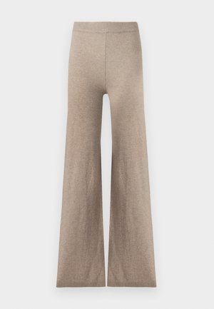 Beige wide-leg trousers made from soft knit fabric, featuring a ribbed waistband and smooth texture with minimal stitching details.