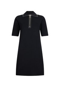 Abito nero con maniche corte, colletto con zip e superficie liscia. Design semplice e silhouette dritta. Realizzato in tessuto elastico.